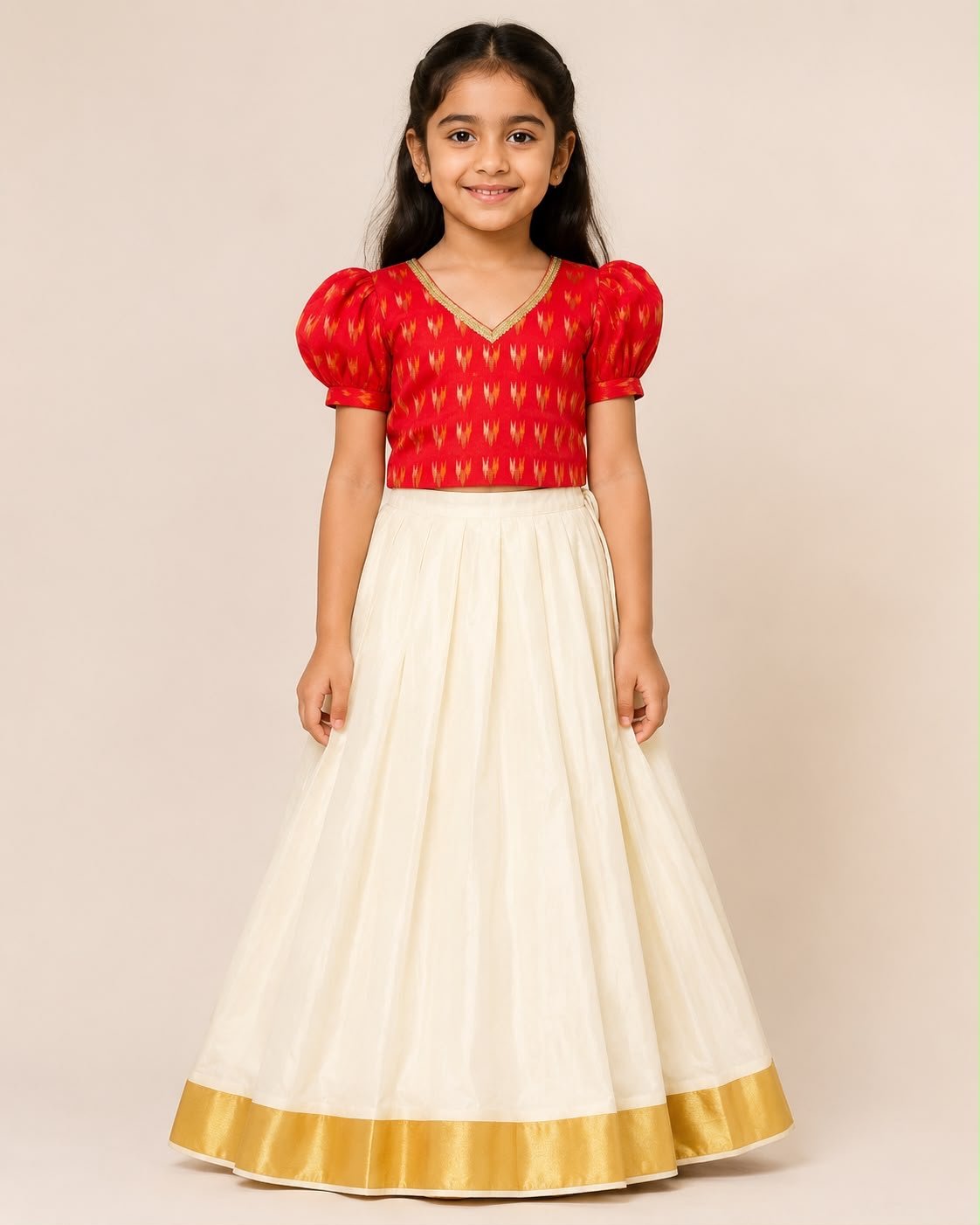 Red Ikat & Cream Traditional Pattu Pavada