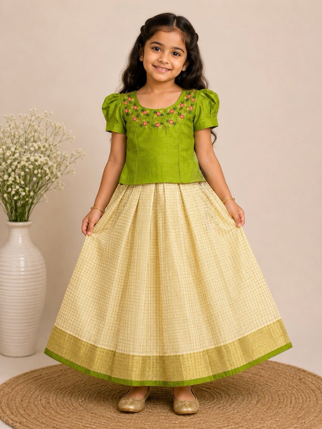 Green & Cream Floral Embroidered Pattu Pavada