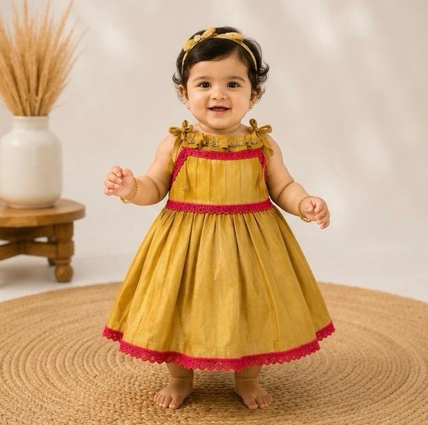 Vibrant Golden & Red Dress with Ruffled Straps - Image 2