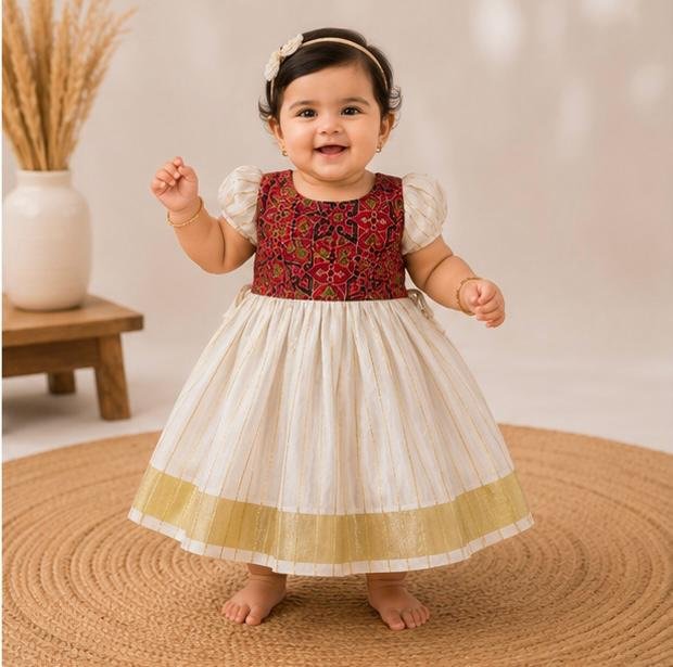 Traditional Maroon & Cream Kalamkari Baby Frock with Puff Sleeves3 - Image 3