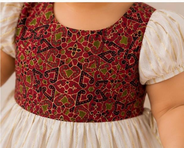 Traditional Maroon & Cream Kalamkari Baby Frock with Puff Sleeves3