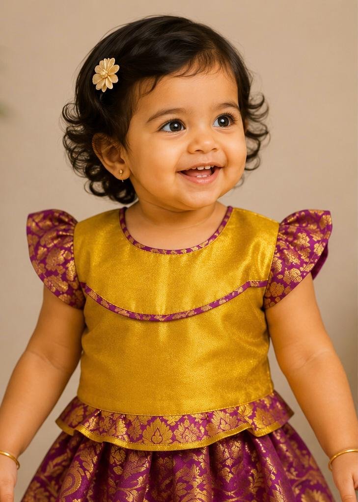 Vibrant Mustard Yellow & Magenta Silk Pattu Pavadai Set (Skirt & Blouse) - Image 3