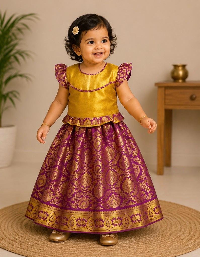 Vibrant Mustard Yellow & Magenta Silk Pattu Pavadai Set (Skirt & Blouse)