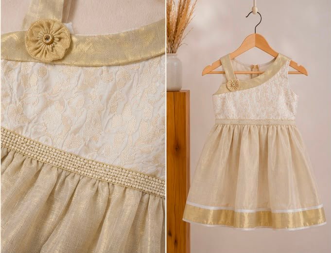 Exquisite Off-White & Gold Baby Frock with Pearl Waistband - Image 3