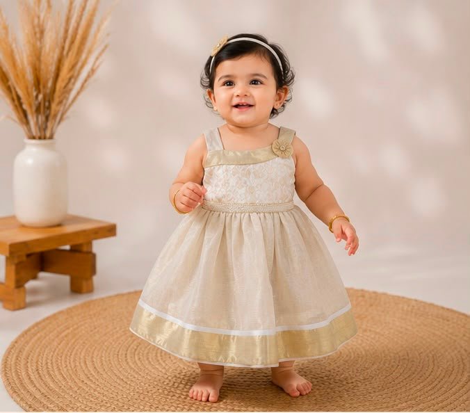 Exquisite Off-White & Gold Baby Frock with Pearl Waistband