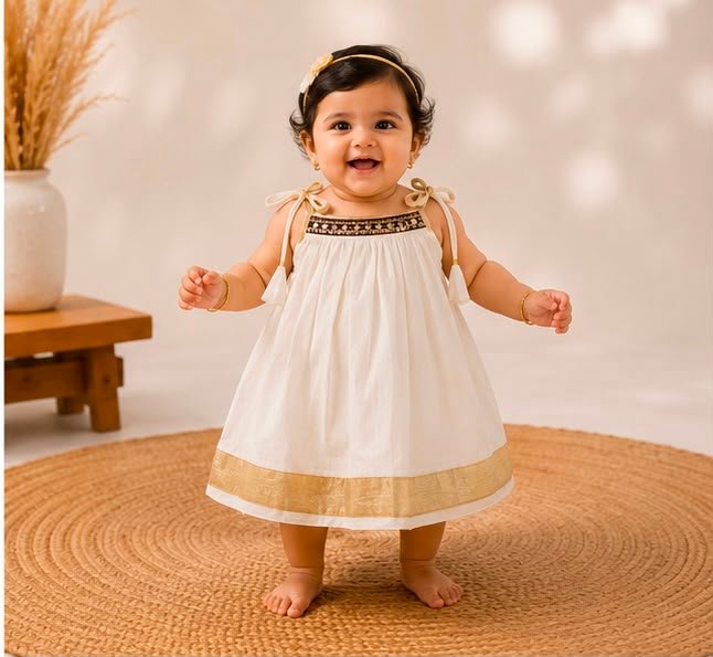 Elegant Off-White Baby Dress with Embroidered Neckline & Gold Border