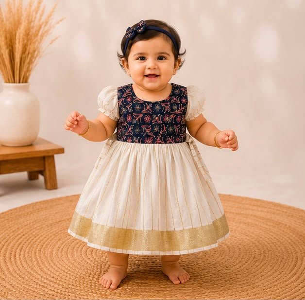Elegant Indigo & Cream Baby Frock with Puff Sleeves