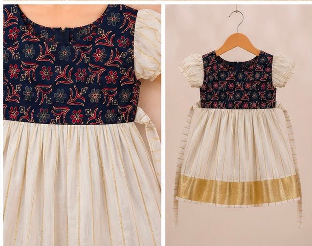 Elegant Indigo & Cream Baby Frock with Puff Sleeves - Image 3
