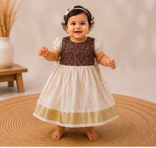 Classic Kalamkari print in Cream Baby Frock with Puff Sleeves