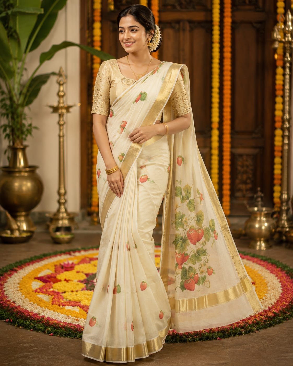 Elegant Strawberry Print Kerala Kasavu Saree - Image 3