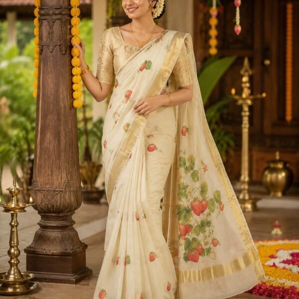 Elegant Strawberry Print Kerala Kasavu Saree