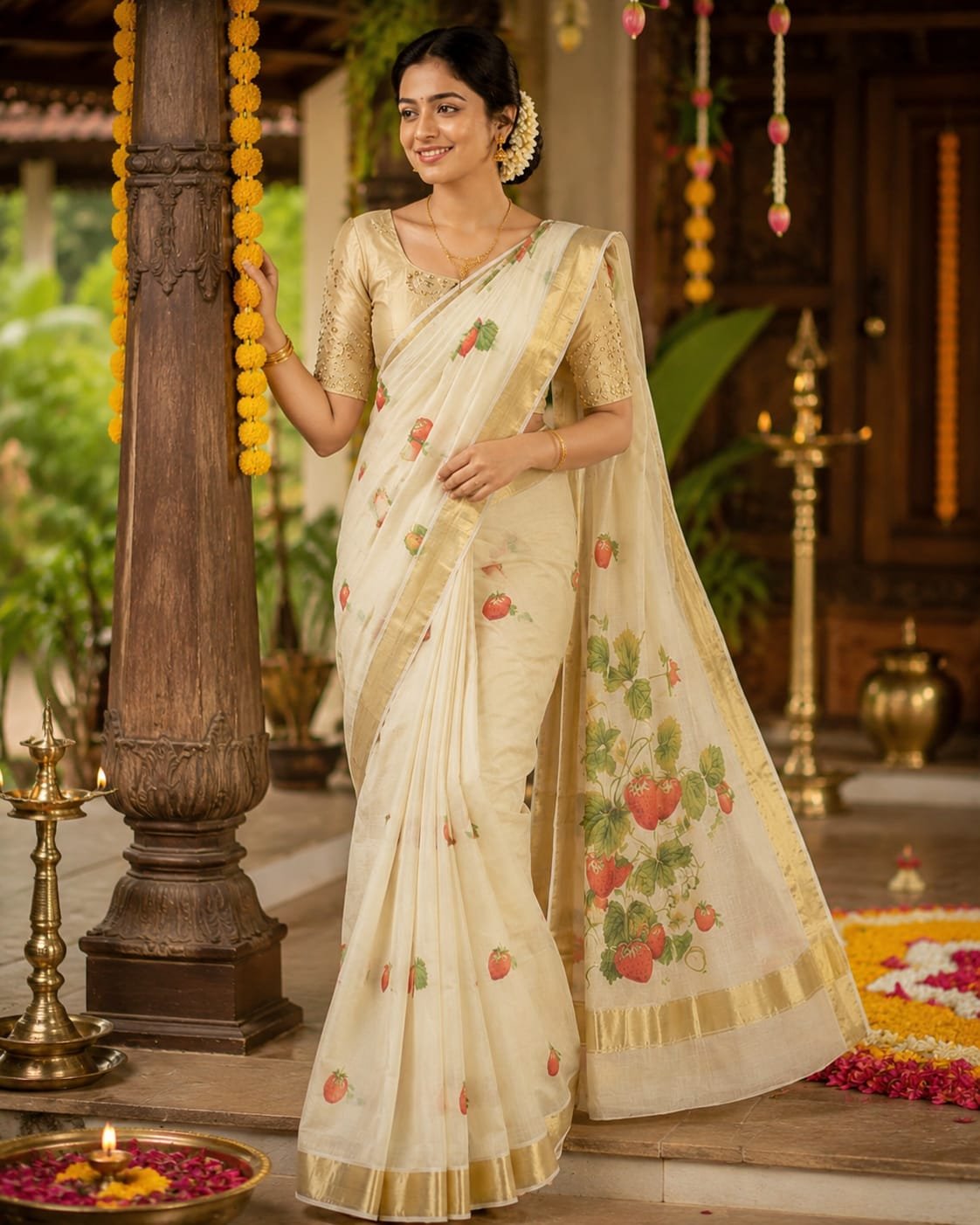 Elegant Strawberry Print Kerala Kasavu Saree
