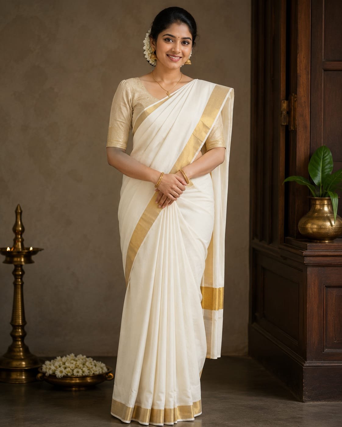 Elegant Kerala Kasavu Saree with Designer Maroon Blouse - Image 3