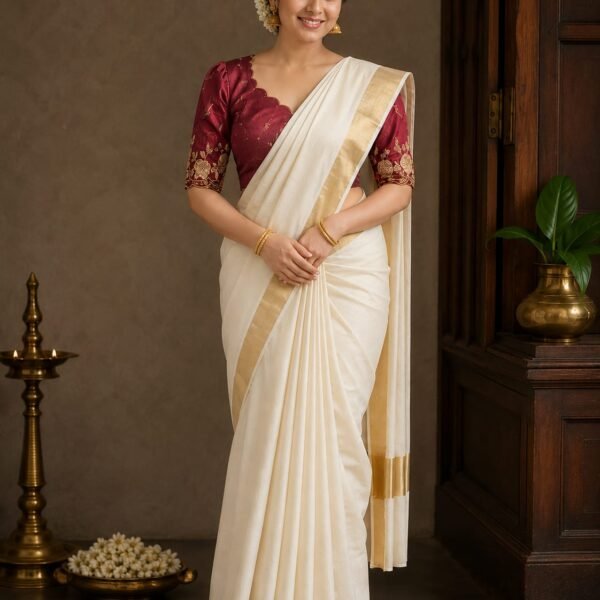 Elegant Kerala Kasavu Saree with Designer Maroon Blouse