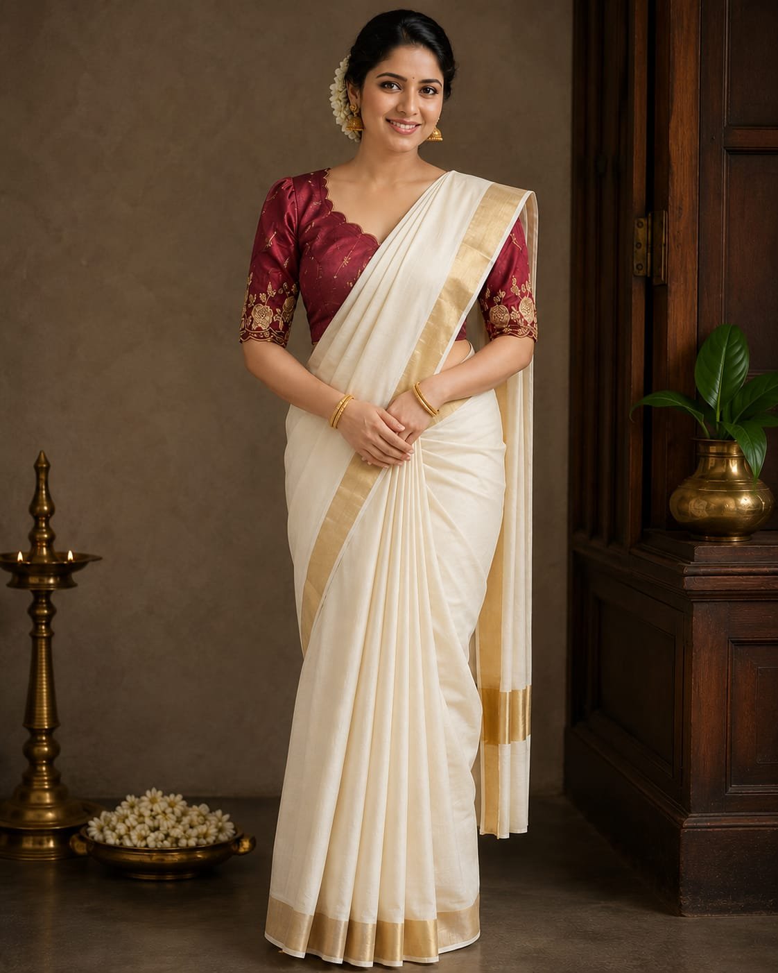 Elegant Kerala Kasavu Saree with Designer Maroon Blouse