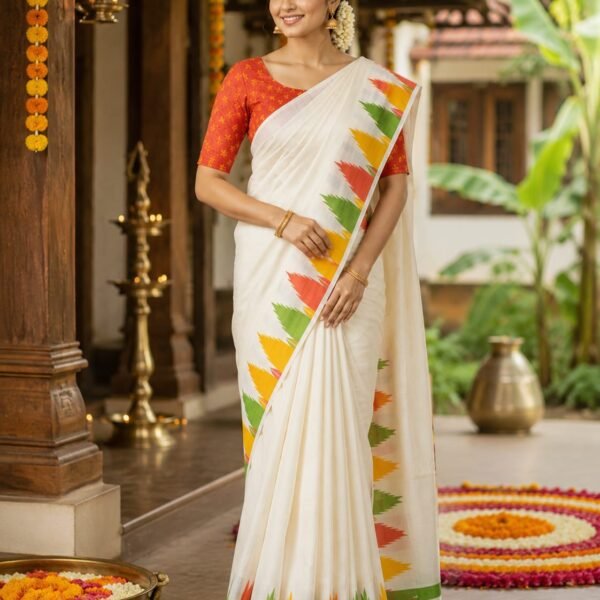 Festive Kerala Saree with Multicolour Temple Border