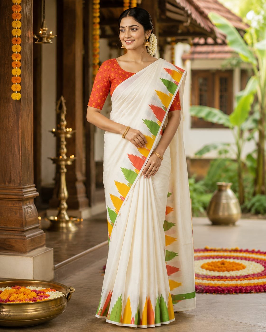 Festive Kerala Saree with Multicolour Temple Border