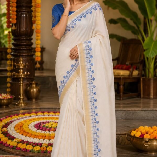 Royal Blue Border Kerala Saree