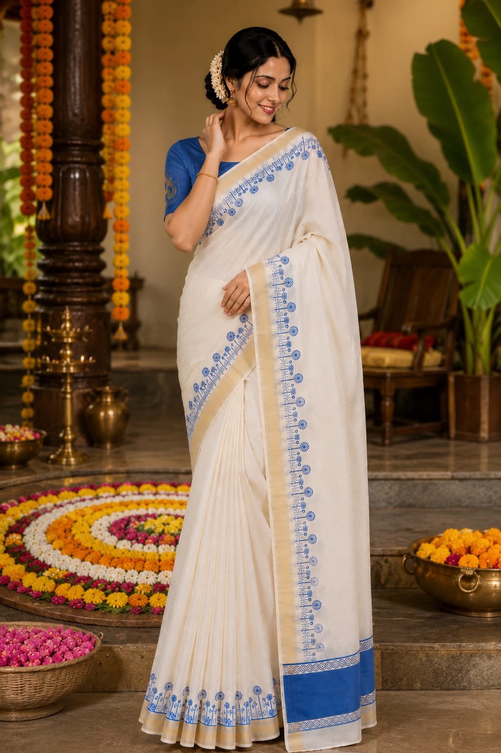 Royal Blue Border Kerala Saree