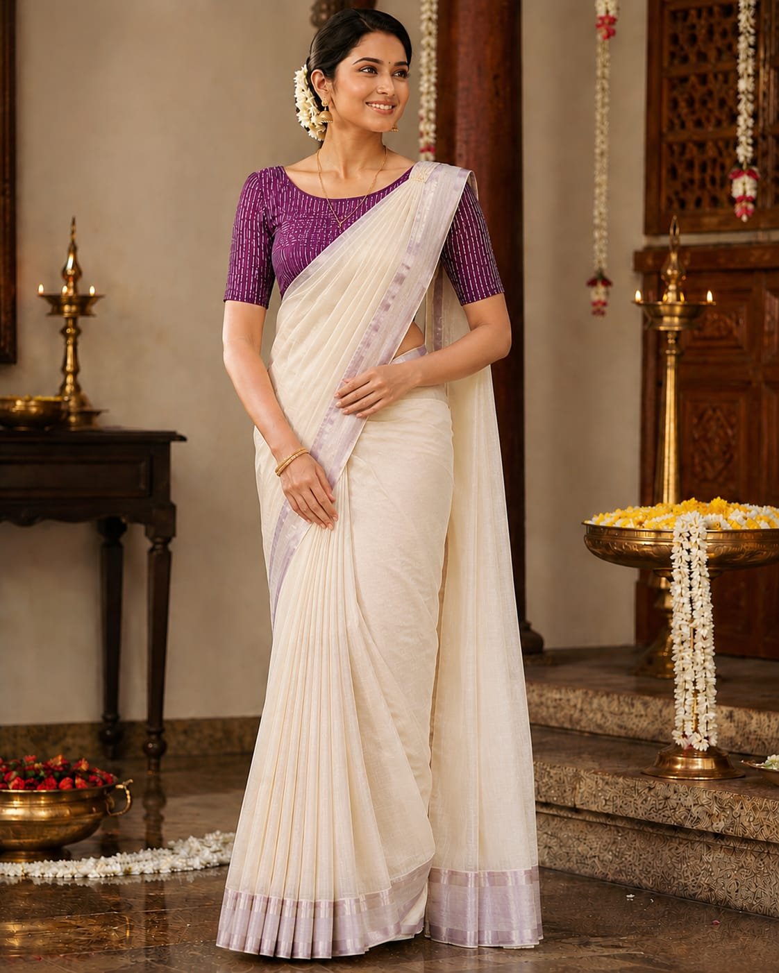 Elegant Lavender Border Kerala Saree - Image 3
