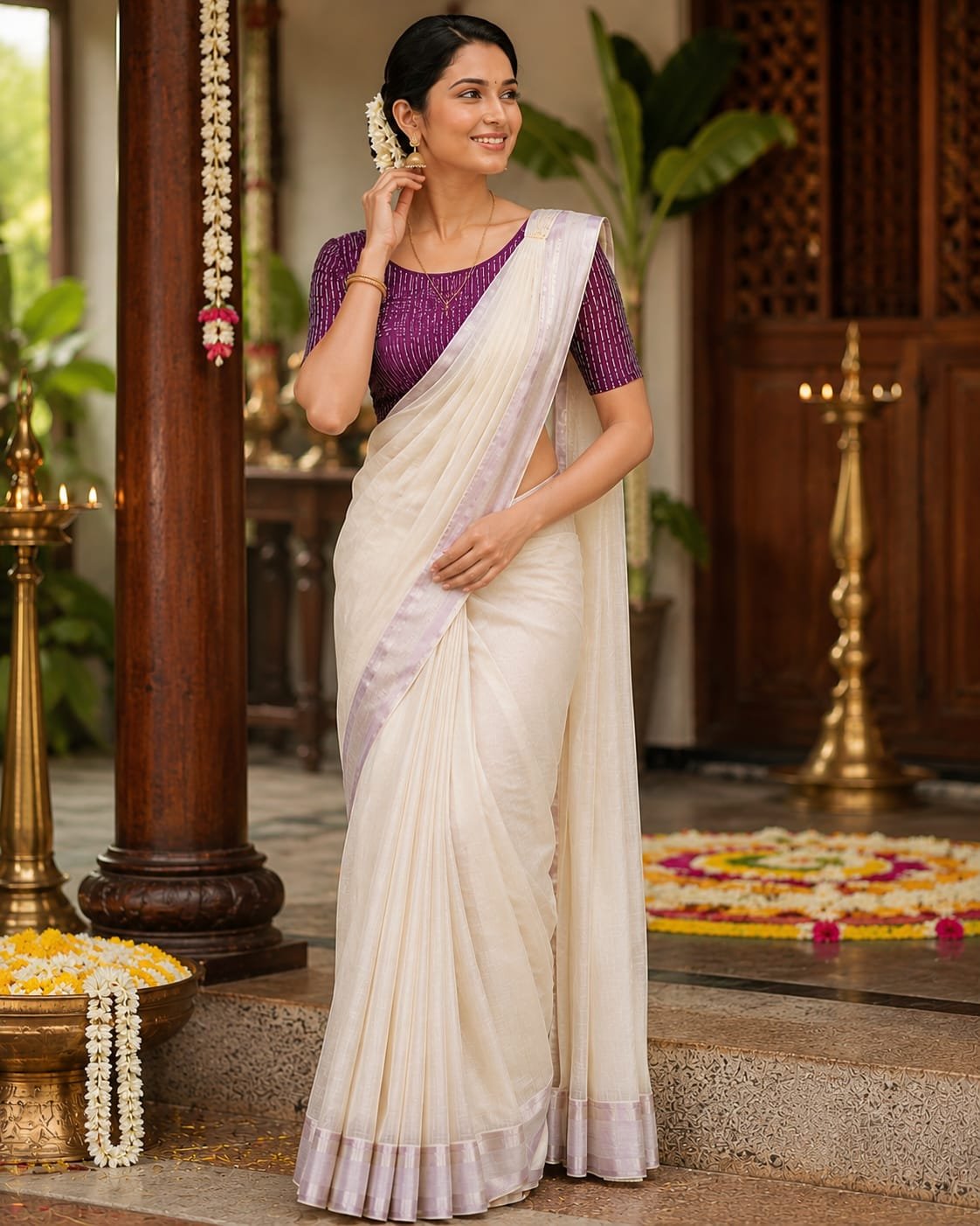 Elegant Lavender Border Kerala Saree