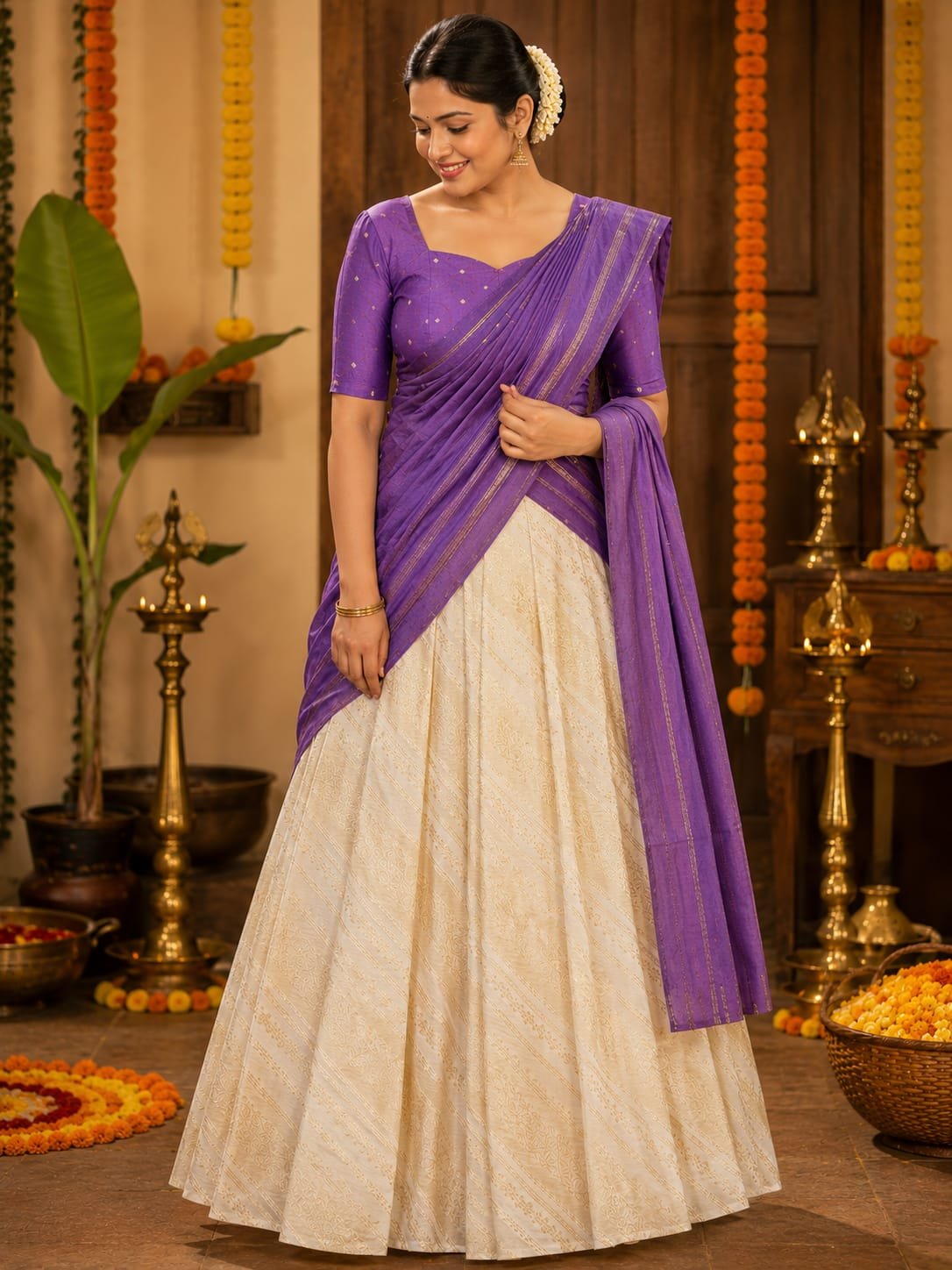 Royal Purple Kerala Half Saree - Image 3