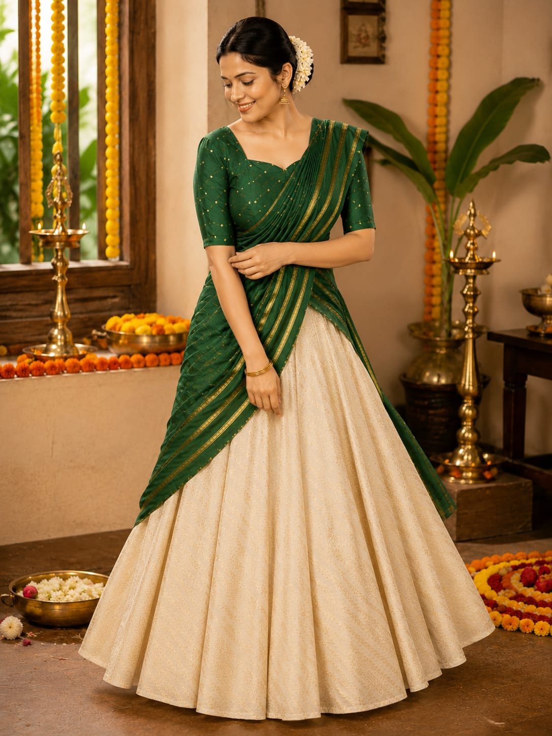 Elegant Green Kerala Half Saree