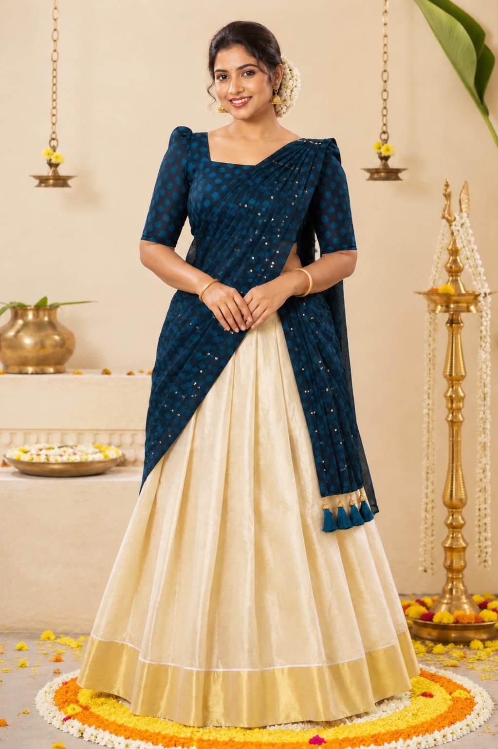 Elegant Navy Blue Kerala Half Saree