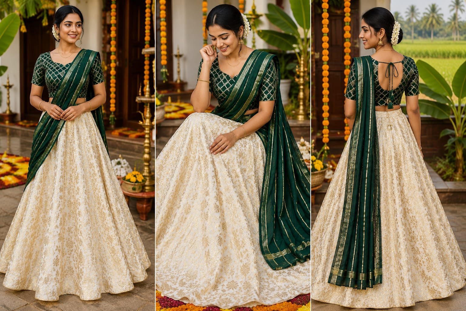Elegant Green Kerala Half Saree - Image 3