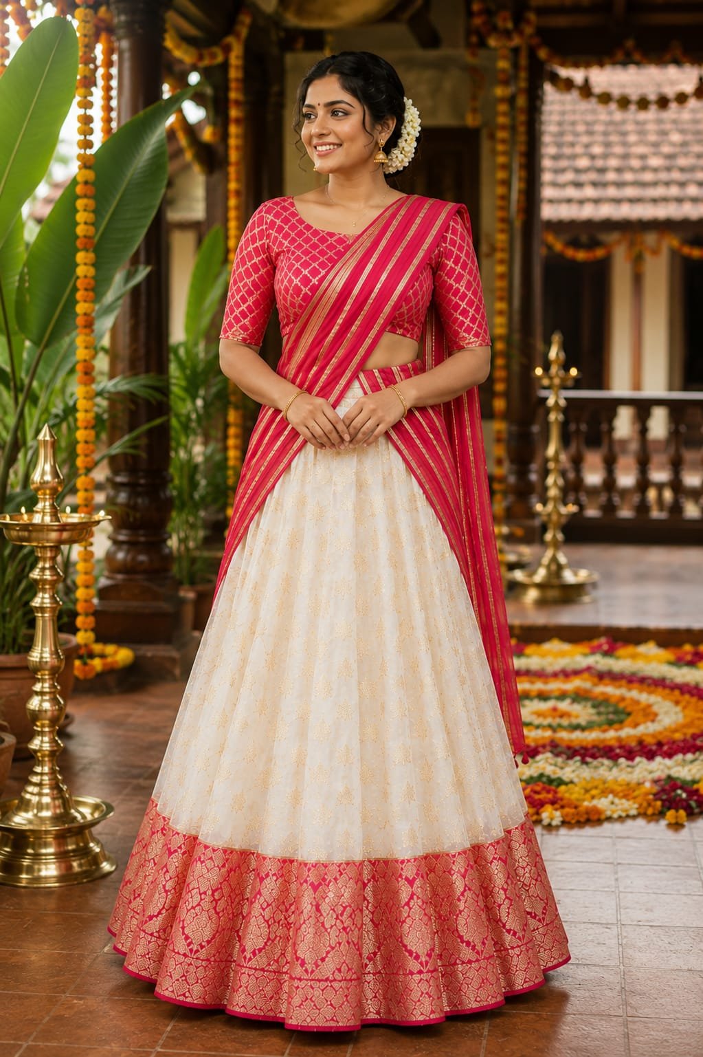 Radiant Pink Kerala Half Saree - Image 3