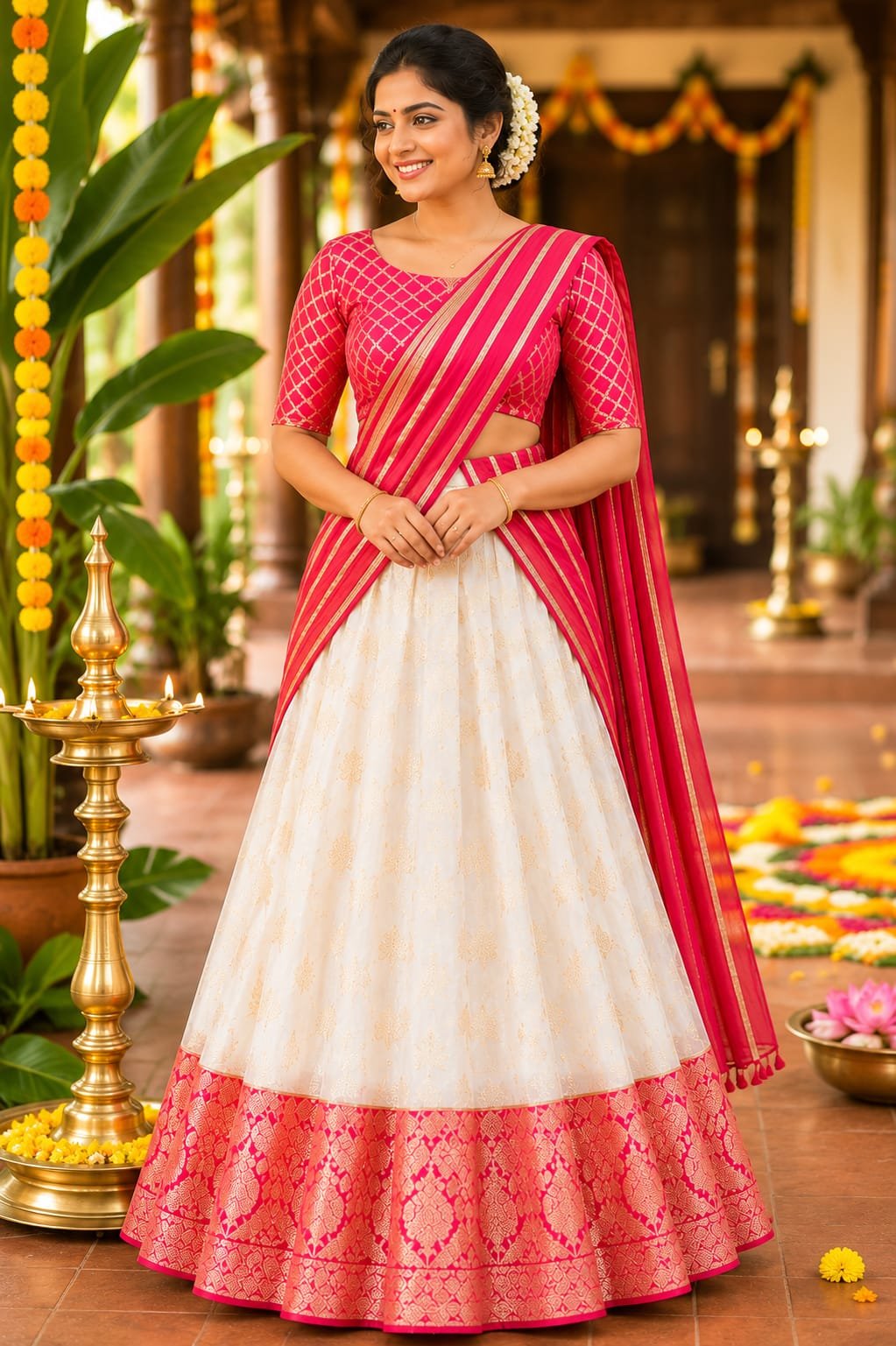 Radiant Pink Kerala Half Saree