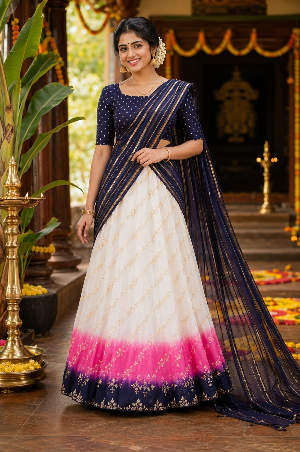 Radiant Navy Ombre Kerala Half Saree