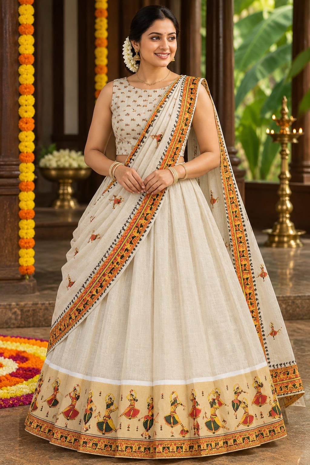 Elegant Kerala Mural Half Saree
