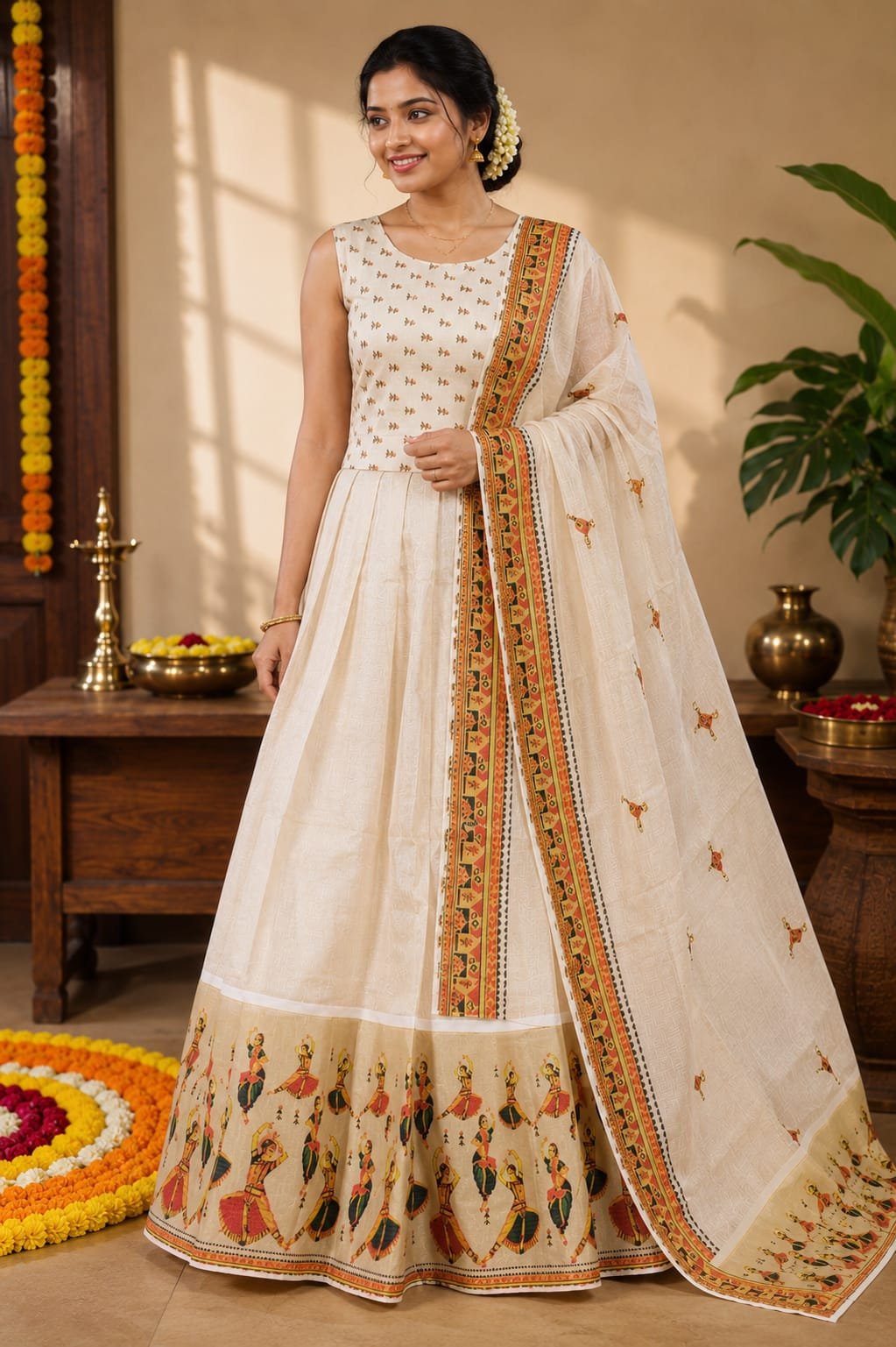Elegant Kerala Mural Half Saree - Image 3