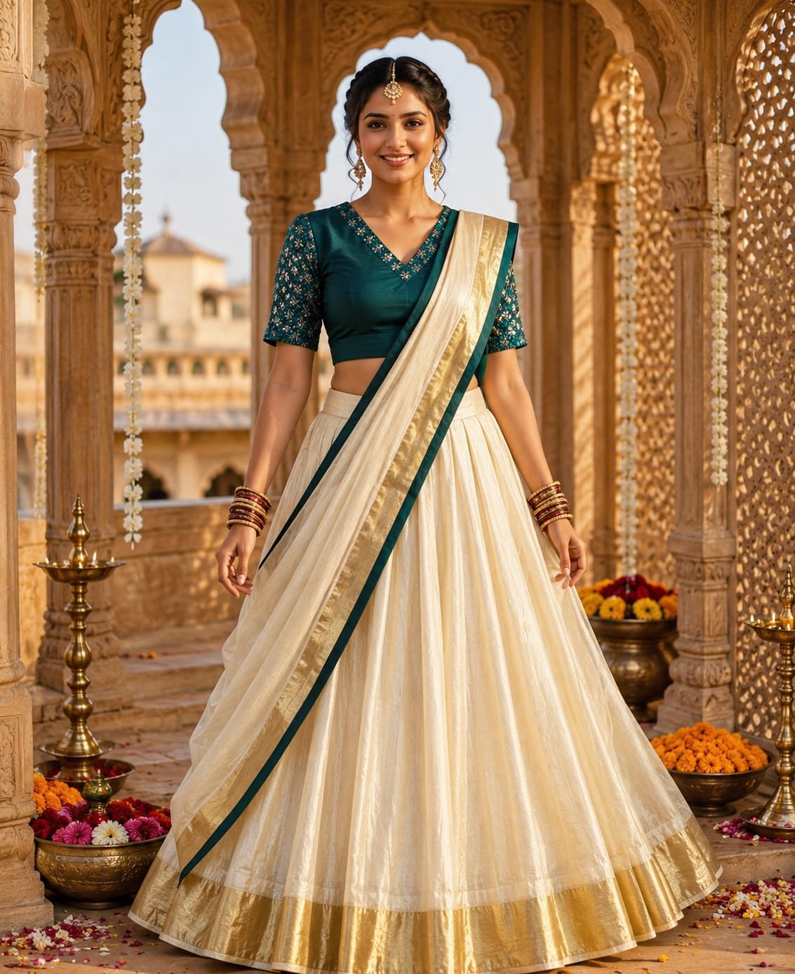 Elegant Green Kerala Davani Set - Image 2