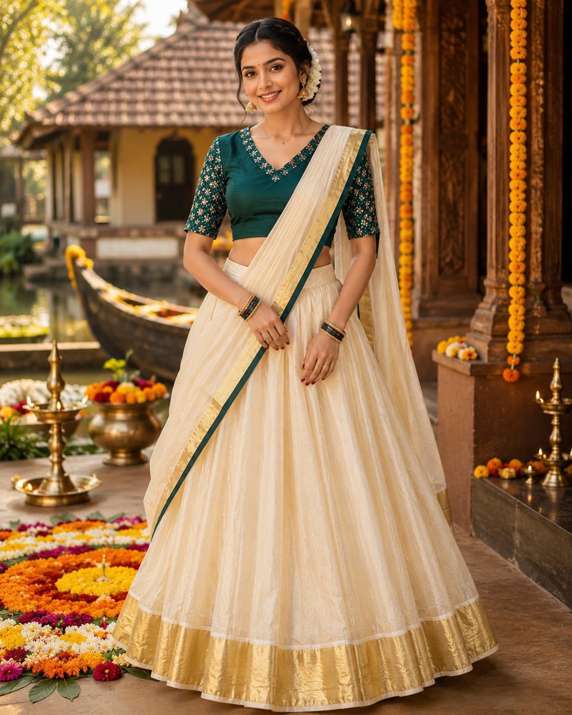 Elegant Green Kerala Davani Set