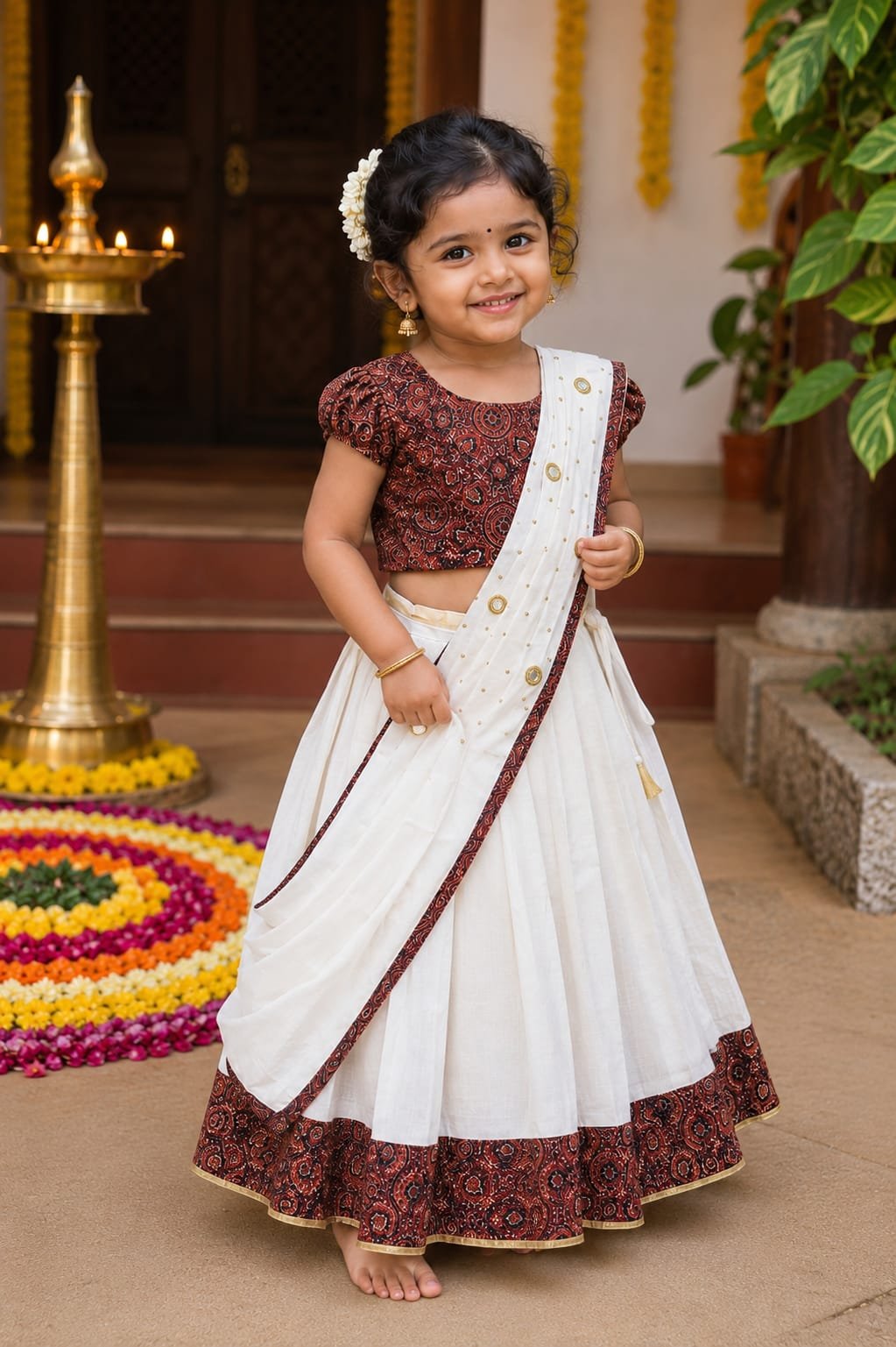 Elegant Kalamkari Kerala Davani Set – Kids
