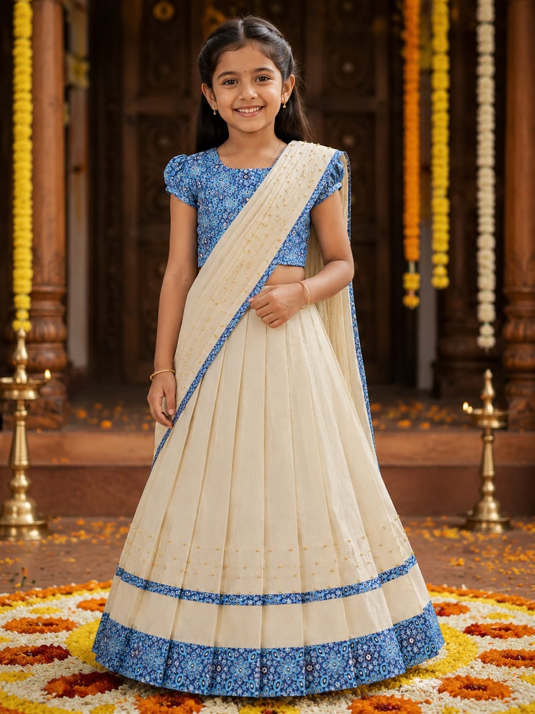 Blue Kalamkari Kerala Davani Set