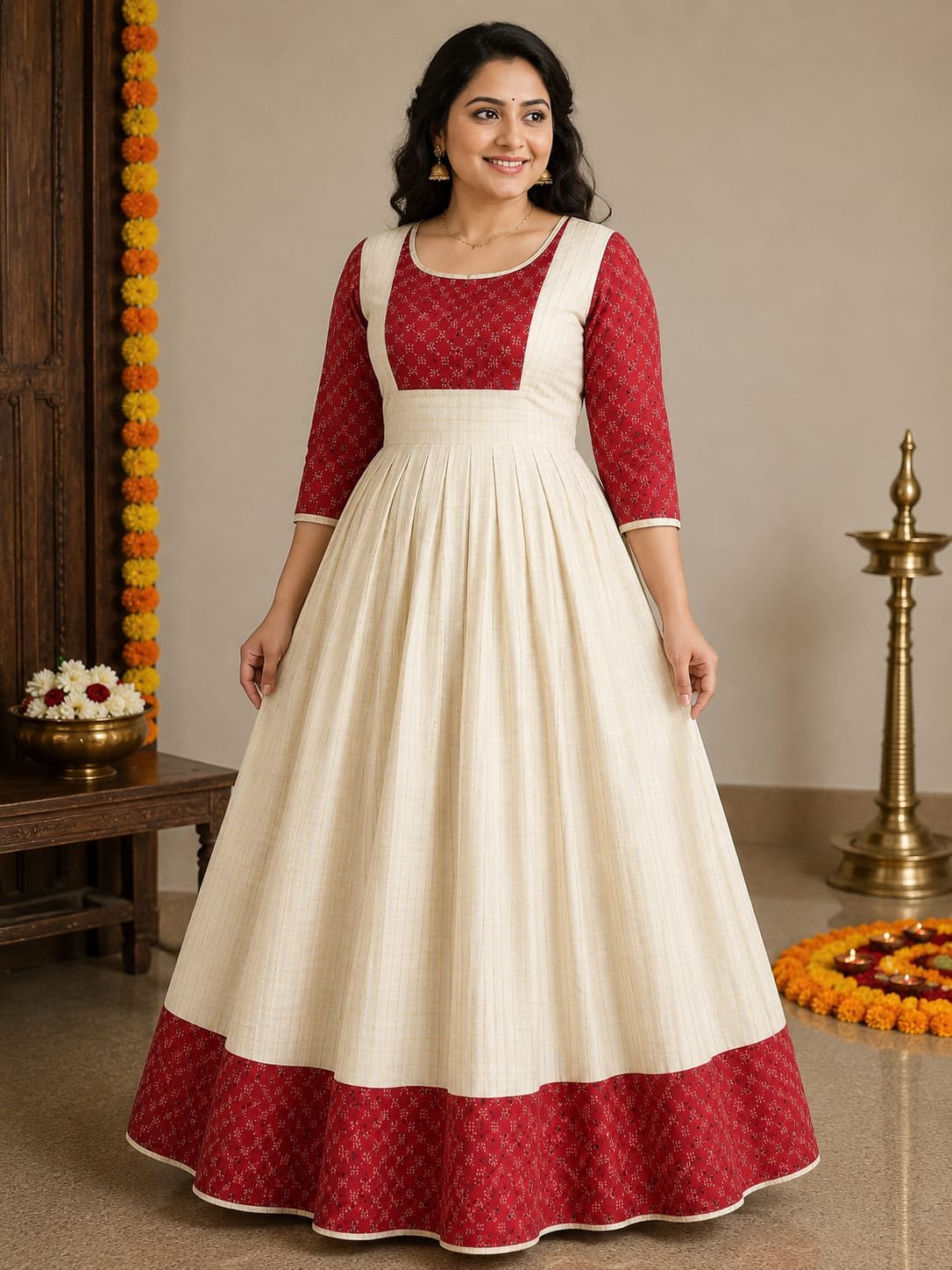 Elegant Ivory & Crimson Festive Anarkali - Image 2