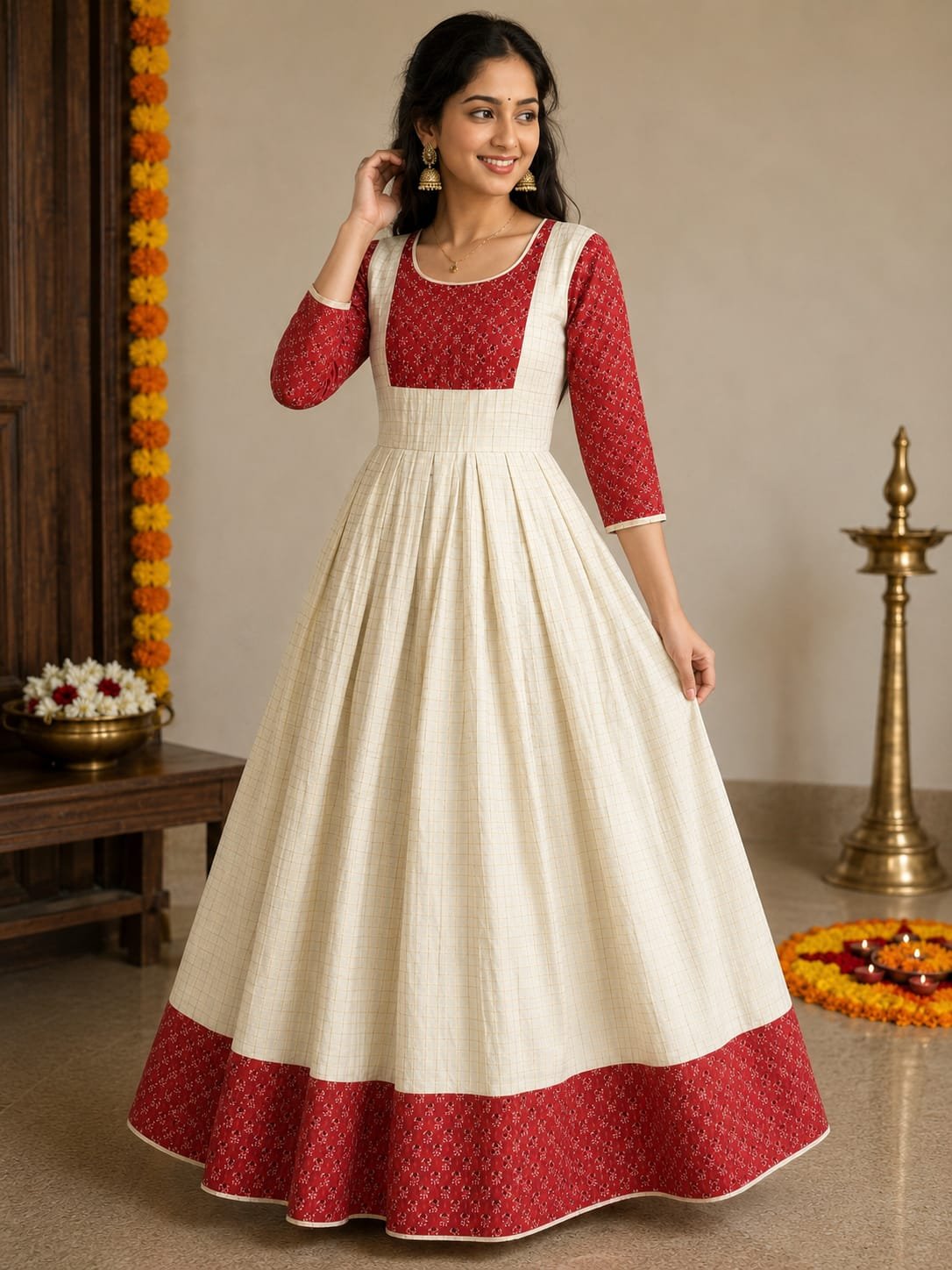Elegant Ivory & Crimson Festive Anarkali