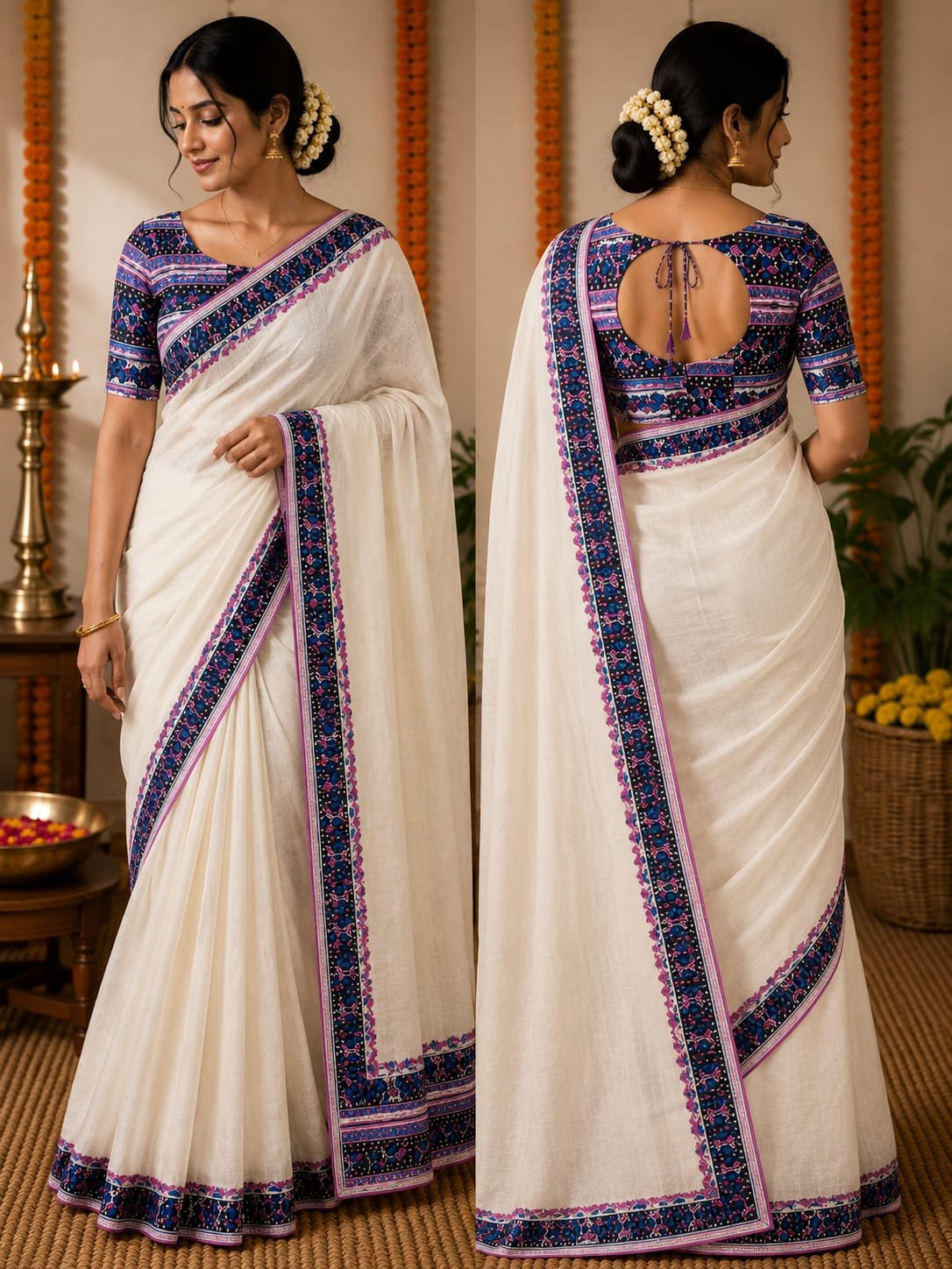 Royal Indigo Border Kerala Saree Set - Image 2