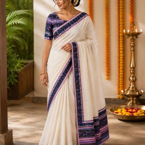 Royal Indigo Border Kerala Saree Set