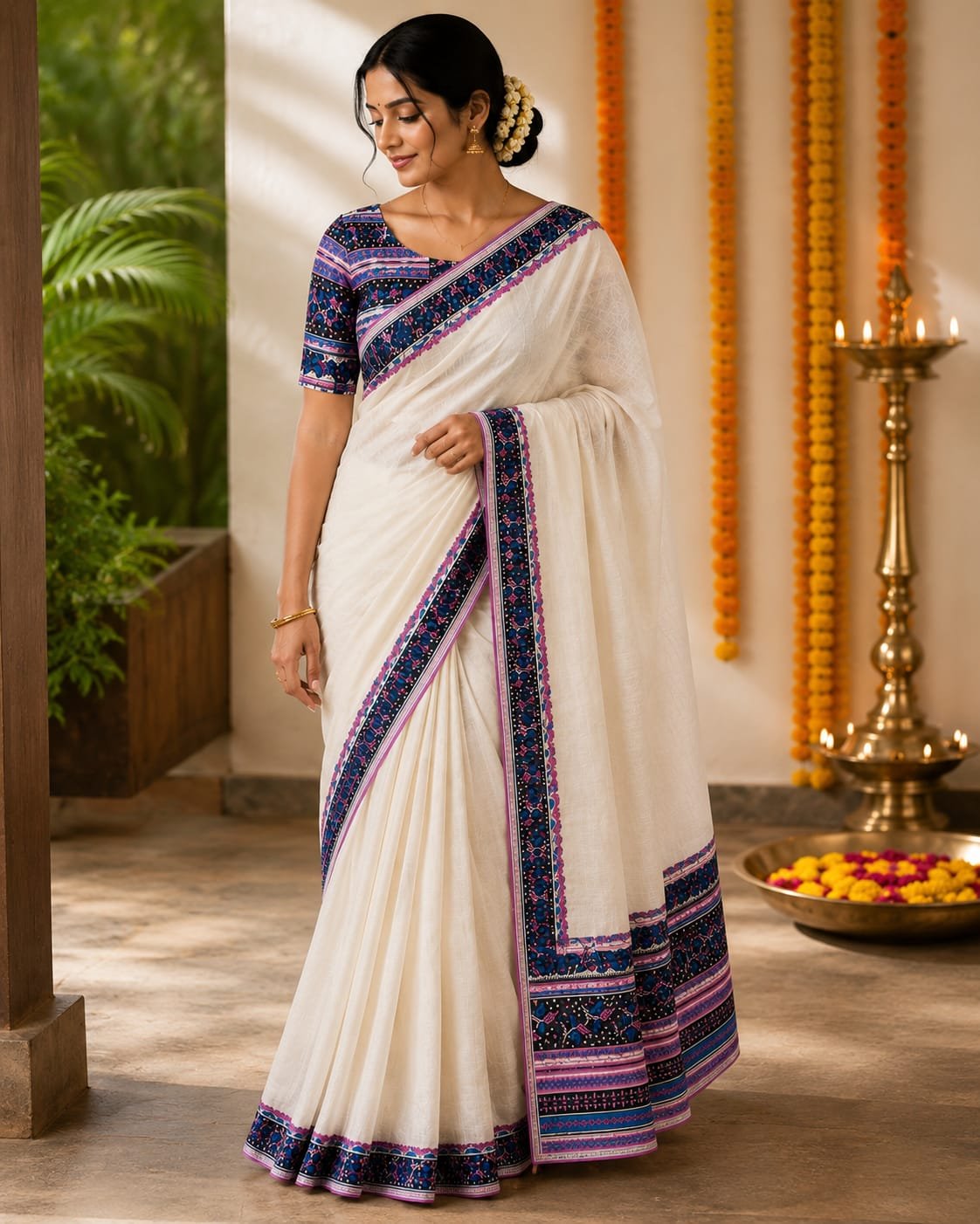 Royal Indigo Border Kerala Saree Set