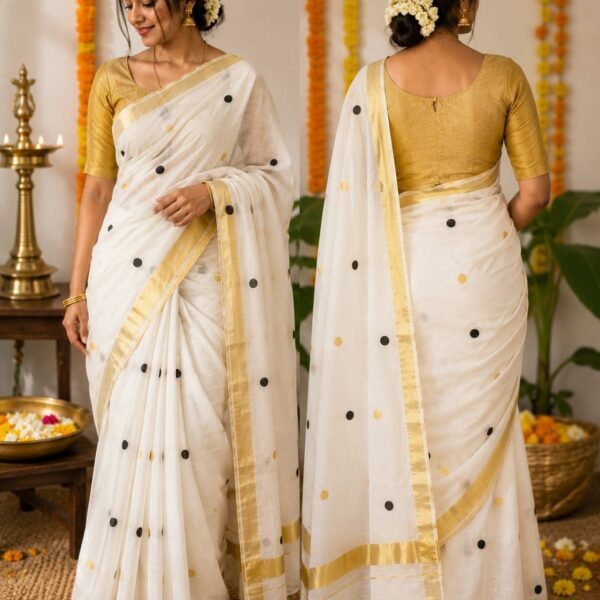 Classic Polka Dot Kerala Saree