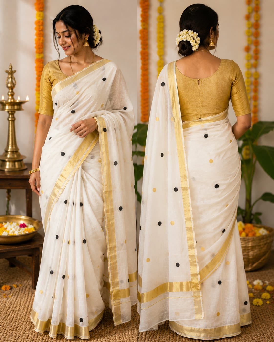 Classic Polka Dot Kerala Saree