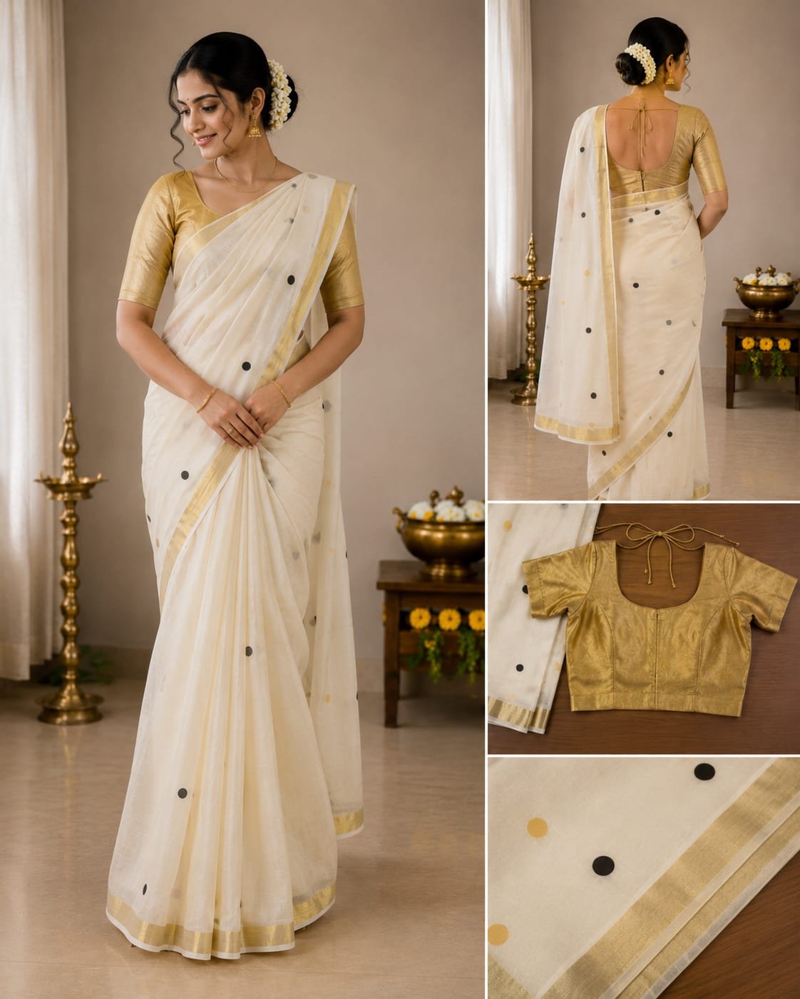 Classic Polka Dot Kerala Saree - Image 2