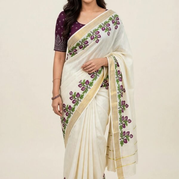 Royal Plum Floral Kerala Saree