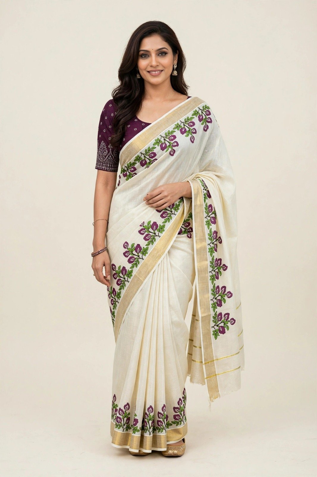 Royal Plum Floral Kerala Saree