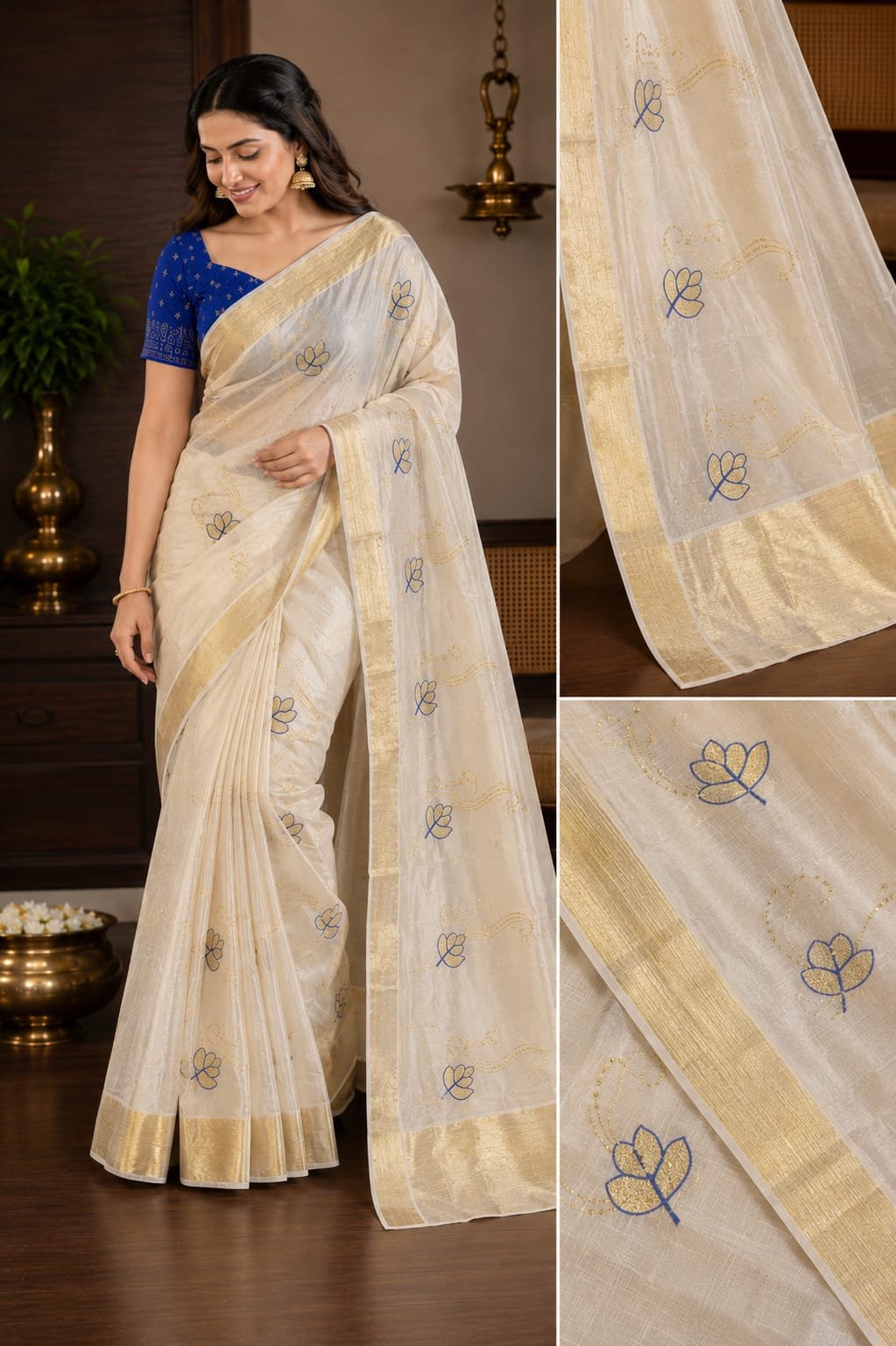 Royal Blue Bloom Kerala Saree