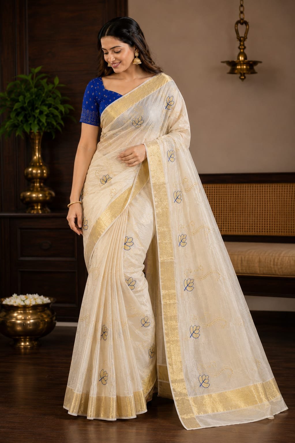 Royal Blue Bloom Kerala Saree - Image 2